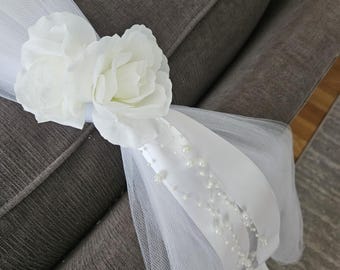 24 white rose, tulle, and draped pearl pew hangers. Wedding, church, White or ivory. Set of 24.