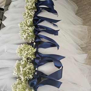 SET of 10 Aisle, pew decor, tulle and baby's breath. Navy blue!