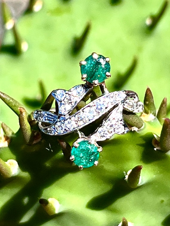 French Art Nouveau Toi Et Moi Emerald and Diamond Engagement Ring