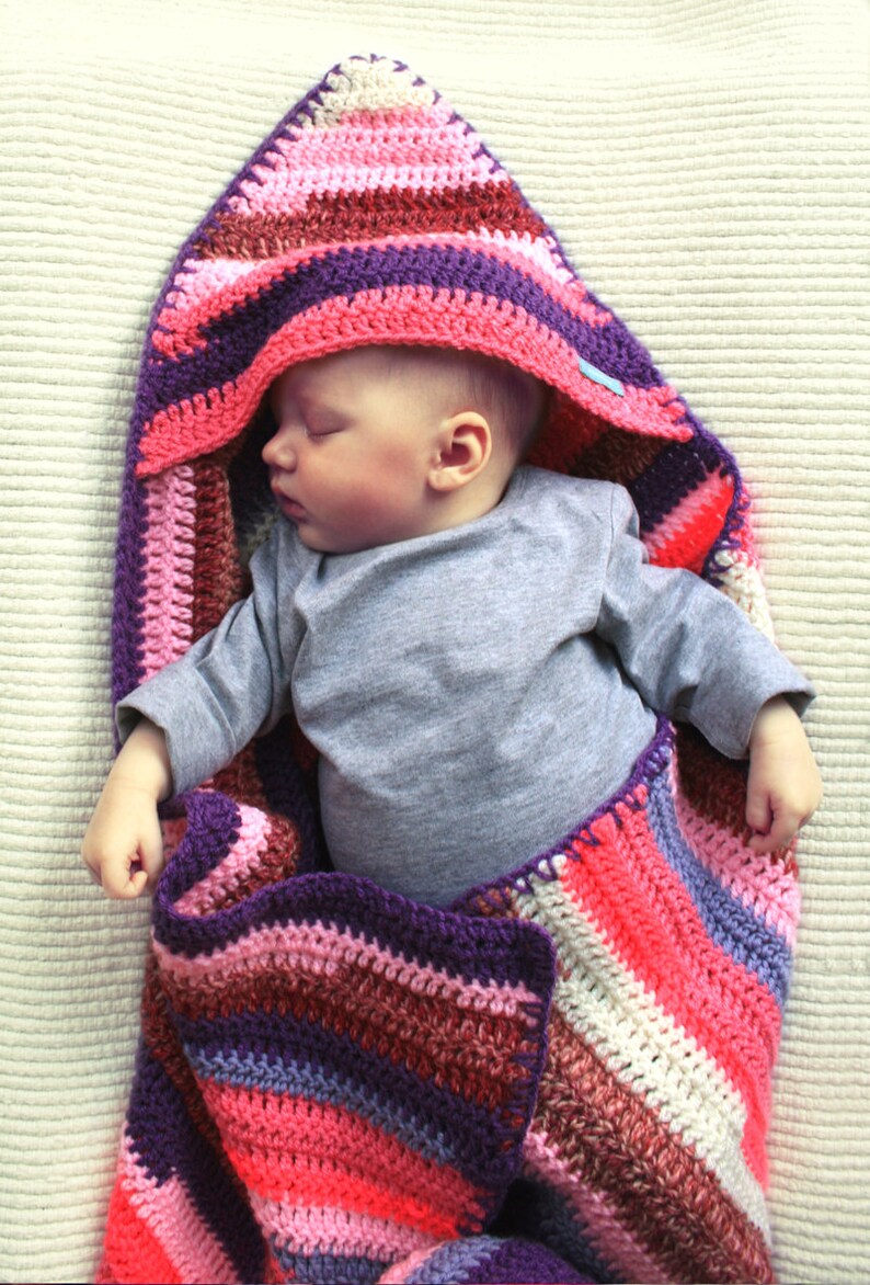 Crocheted hooded striped baby blanket pink purple Etsy