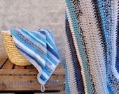 Crocheted striped baby blanket blue grey eco wool