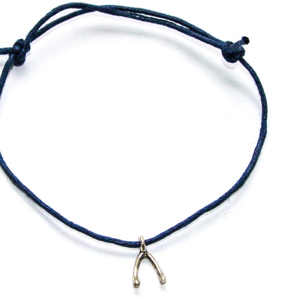 wishbone silver charm on waxed cotton cord adjustable friendship bracelet
