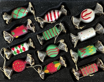Mikasa Studio Nova Ornaments Christmas Blown Glass Candy 12 Pc + Wooden Crate