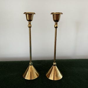Vintage Pair of 2 - 9 Lacquered Slender Brass Candle Holders Cone Base
