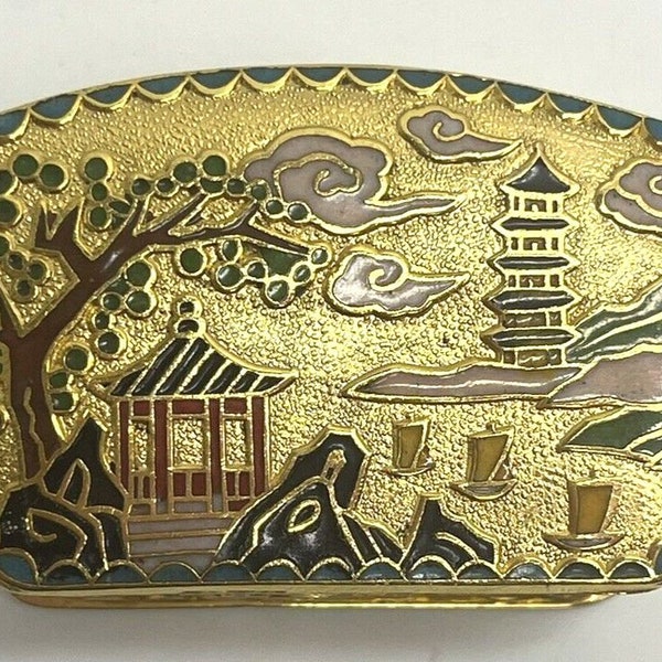 Gold Cloisonne Trinket Treasure Box Hand Enameled 24k Gold Plating Pagoda