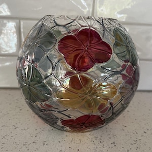 Hand Blown Clear Glass Bohemia Vase Made in Czech 6&quot; Tall Hand Painted Flowers