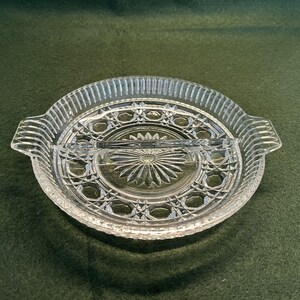 Mid-Century Federal Glass Windsor Buttons & Cane Divided w/Handles Relish Dish