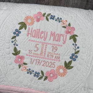 Boho Flower Heirloom Personalized Baby Quilt, Blanket Monogrammed, Baby Gift, embroidered quilt heirloom baby blanket, personalized baby
