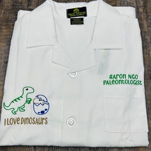 Kids' custom paleontologist lab coat, embroidered personalized kids lab coat, kids doctor coat, kids dinosaur lab coats
