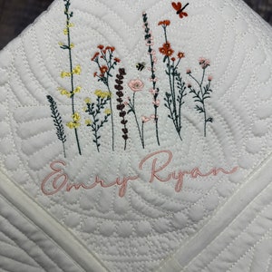 Wildflower Nursery Quilt, Dragonfly Blanket, Baby Heirloom Quilt Embroidered Flowers Baby Blanket Personalized Baby Blanket Baby Shower Gift