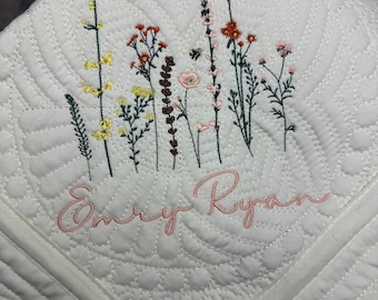 Wildflower Nursery Quilt, Dragonfly Blanket, Baby Heirloom Quilt Embroidered Flowers Baby Blanket Personalized Baby Blanket Baby Shower Gift