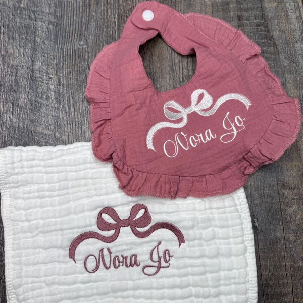 Coquette Embroidered Personalized Baby Bib, Muslin Personalized Burp cloth, Custom Personalized Baby Gift,Bow Baby Shower Gift, coquettes