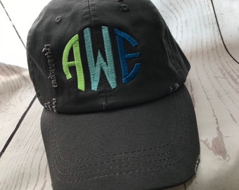 Monogrammed distressed hat, personalized unisex cap, summer vacation travel beach cap, unstructured beach hat, bridesmaid hats