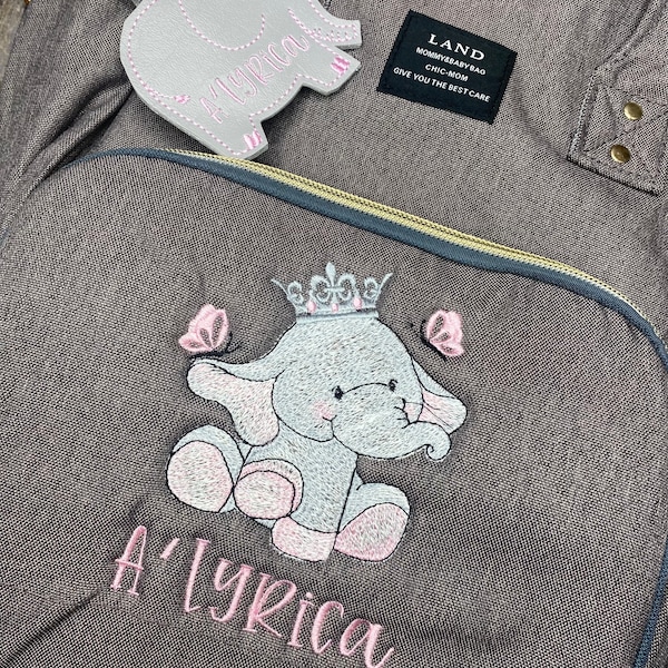 Land Elephant Princess Backpack Diaper Bag Embroidered Monogrammed w/name and Sanitizer Holder, Land diaper bag, baby shower gift