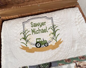 Farm Boy Personalized Baby Quilt, Monogrammed Baby Gift,  farm baby embroidered quilt, farm baby blanket, custom farming baby gift