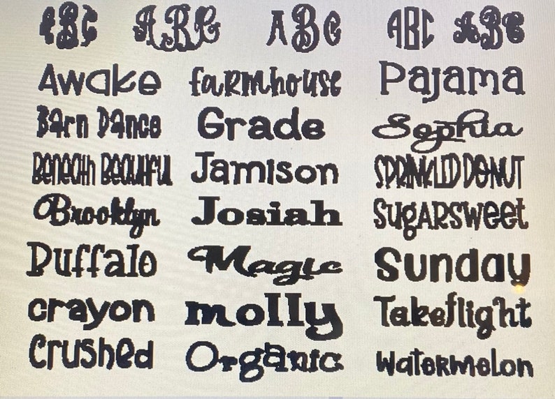 May include: A black and white image with a list of words, including "Awake", "Farmhouse", "Pajama", "Grade", "Sophia", "Jamison", "Josiah", "Magic", "Molly", "Organic", "Watermelon", and more.