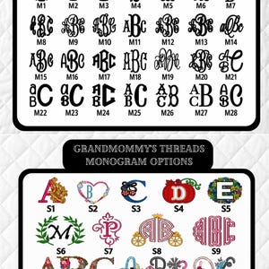 K&ouml;nnte beinhalten: Eine &Uuml;bersicht mit dem Titel GRANDMOMMY'S THREADS MONOGRAM OPTIONS zeigt schwarze Buchstaben-Monogramme von M1 bis M28 sowie eine zweite &Uuml;bersicht mit farbigen, bestickten Buchstaben-Designs von S1 bis S10, ST1 bis ST3 und Alphabeten.