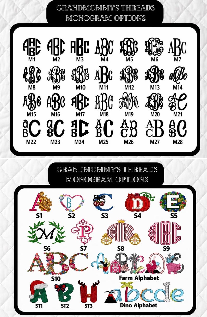 K&ouml;nnte beinhalten: Eine &Uuml;bersicht mit dem Titel GRANDMOMMY'S THREADS MONOGRAM OPTIONS zeigt schwarze Buchstaben-Monogramme von M1 bis M28 sowie eine zweite &Uuml;bersicht mit farbigen, bestickten Buchstaben-Designs von S1 bis S10, ST1 bis ST3 und Alphabeten.