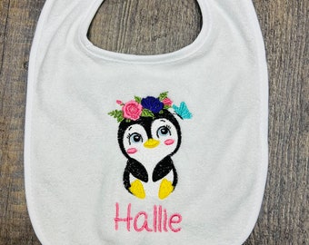 Girl Penguin Bib and Burp Cloth Set, Penguin Bib, Penguin Burp