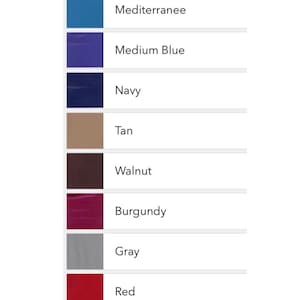 May include: A color chart showing 12 vinyl colors: black, French vanilla, Mediterranee, medium blue, navy, tan, walnut, burgundy, gray, red, aqua, and white.