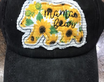 Mama Bear Hat, personalized mom gift, Mother’s Day gift, mama baseball hat, distressed mama hat, cute hats for mom, sunflower hat