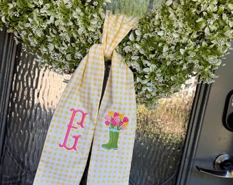 Personalized spring Door Wreath Sash, personalized door hanger, personalized wreath, flower wreath sash, flower with rain boots wreath sash