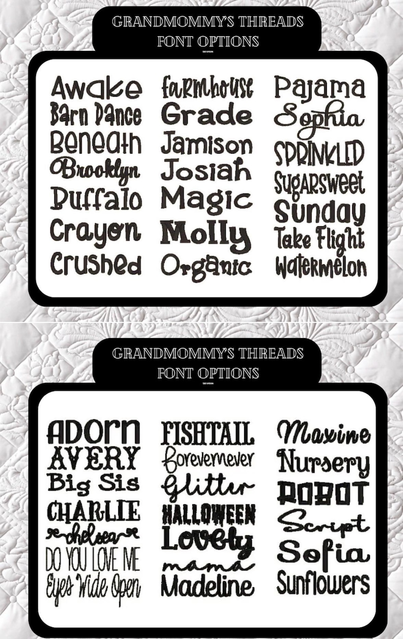 K&ouml;nnte beinhalten: Eine schwarz-wei&szlig;e &Uuml;bersicht mit dem Titel GRANDMOMMY'S THREADS FONT OPTIONS, die zwei Raster mit verschiedenen schwarzen Schriftstilen zeigt. Die Liste enth&auml;lt Namen wie Awake, Barn Dance, Beneath, Brooklyn, Buffalo, Crayon, Crushed, Farmhouse, Grade, Jamison, Josiah, Magic, Molly, Organic, Pajama, Sophia, Sprinkled, Sugarsweet, Sunday, Take Flight, Watermelon, Adorn, Avery, Big Sis, Charlie, Chelsea, Do You Love Me, Eyes Wide Open, Fishtail, Forevemever, Glitter, Halloween, Lovely, Mama, Madeline, Maxine, Nursery, Robot, Script, Sofia und Sunflowers.