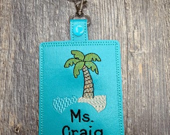 Personalized Palm Tree Beach Badge Holder, Teacher ID Badge Holder, Healthcare ID Badge Holder, Lanyard Accessory, Teacher Gift