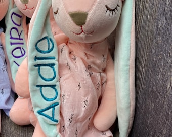 Personalized Stuffed Bunny, embroidered bunny ears, baby's first Easter bunny, child's easter basket stuffer, bunny stuffed animal