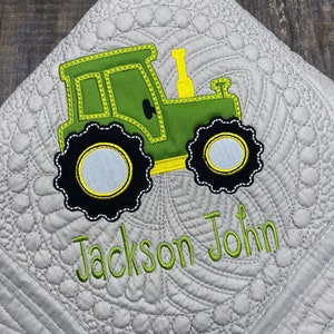 Tractor Heirloom Personalized Baby Quilt Blanket, Monogrammed Baby Gift, embroidered quilt, heirloom baby blanket, farm bedding, tractor bed