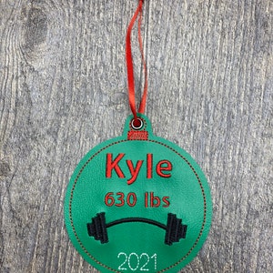 Personalized Embroidered Christmas Ornament with barbells, weight lifting pounds, and name, weight lifting gift, barbells weight ornaments