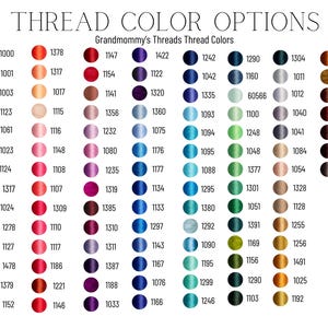 May include: A chart of 100 different thread colors, organized by color family. The chart includes a variety of colors, including red, orange, yellow, green, blue, purple, brown, and black. Each color is labeled with a number.