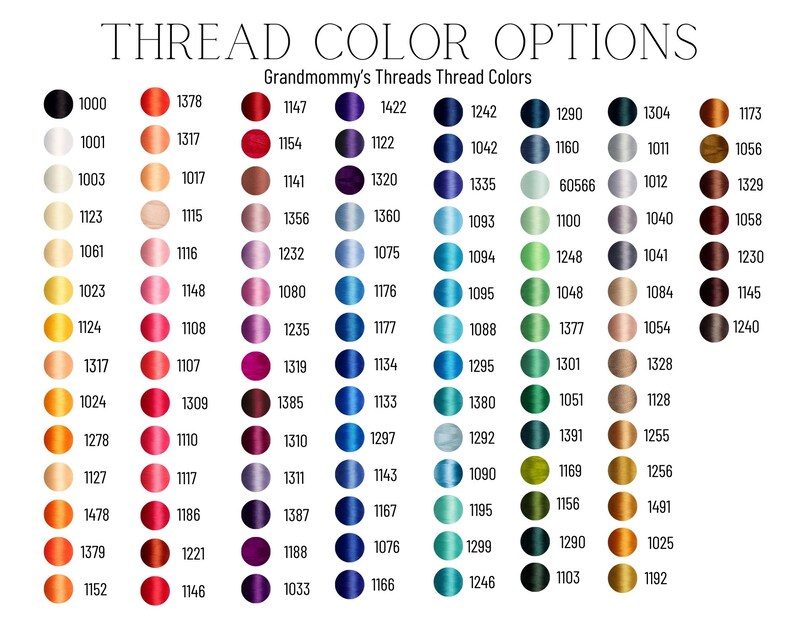 May include: A chart of 100 different thread colors, organized by color family. The chart includes a variety of colors, including red, orange, yellow, green, blue, purple, brown, and black. Each color is labeled with a number.