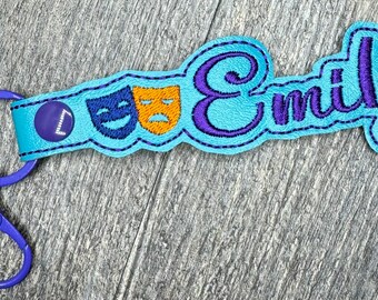 Personalized Arts keychain, theater mask embroidered name keychain, art backpack tag, art personalized keychain, theatre mask gifts