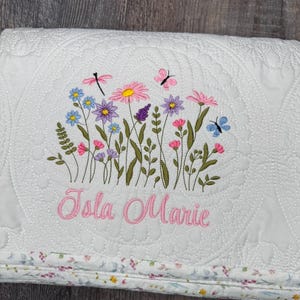 Wildflower Nursery Quilt, Dragonfly Blanket, Baby Heirloom Quilt Embroidered Flowers Baby Blanket Personalized Baby Blanket Baby Shower Gift