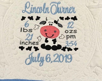 Cow Baby Quilt Birth Stats Heirloom Personalized Baby Quilt Blanket Monogrammed Baby Gift embroidered quilt heirloom baby blanket