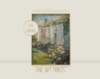 Vintage Laundry Room Art Print: Farmhouse Clothesline Scene