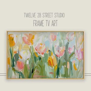 Frame TV Art: Misty Pink Tulips Spring Landscape (Digital Download)