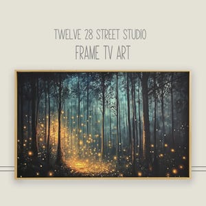 Peut inclure: Une œuvre d'art encadrée représentant une scène de forêt mystique. De grands arbres sombres se dressent sur un ciel bleu et turquoise, avec un chemin de lumières scintillantes illuminant le sol de la forêt. Le texte "TWELVE 28 STREET STUDIO FRAME TV ART" est en haut.
