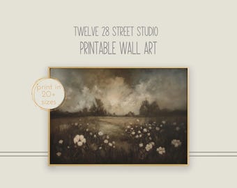 SD153 Classic, vintage, moody oil painting, dark wildflower field, muted cool tones for instant download, printable, french country, stormy