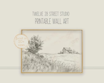 SD152 Classic, vintage landscape, pencil sketch, farmhouse decor, cottage, neutral, digital download, printable, french country decor