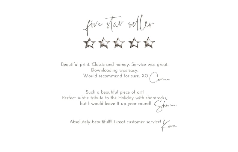 以下が含まれることがあります： 白い背景に、手書き風のフォントで「five star seller」の文字と5つの星のアイコン。顧客レビューが下に表示され、署名があります。