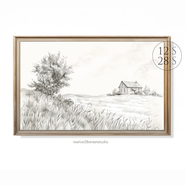 SD152 Classic, vintage landscape, pencil sketch, farmhouse decor, cottage, neutral, digital download, printable, french country decor