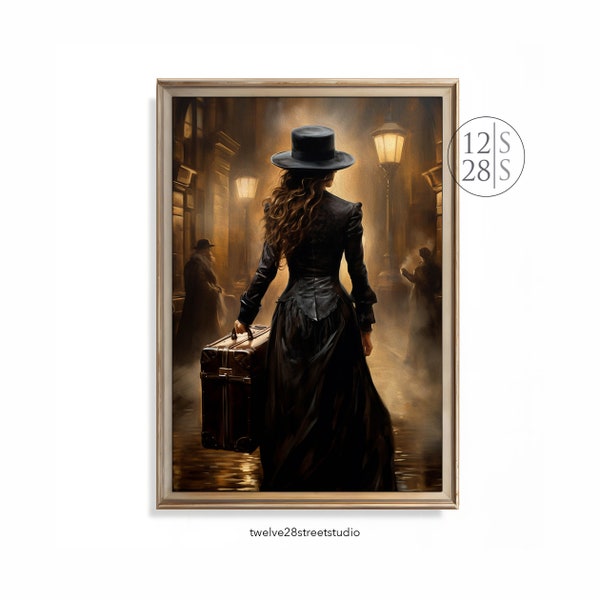 Printable, Moody Art, Dark Vintage Oil Paint, Traveling Woman, Digital, Victorian Art, French Country Decor, Dark Academia, Darke Academia