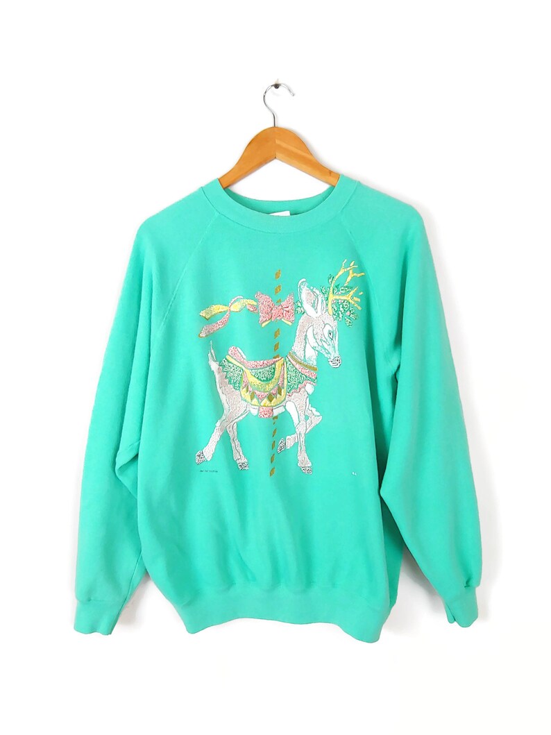 80s Christmas Sweatshirt Sweater Size XL Seafoam Aqua Color Reindeer Merry Go Round Top