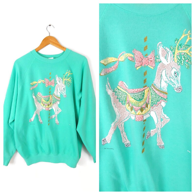 80s Christmas Sweatshirt Sweater Size XL Seafoam Aqua Color Reindeer Merry Go Round Top