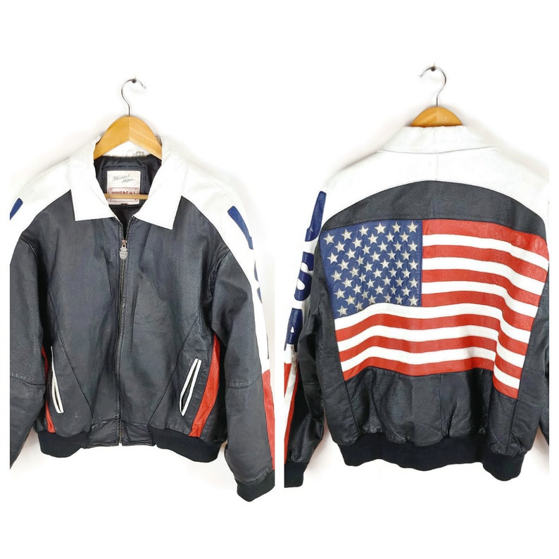 Michael Hoban Leather Jacket Mens Size Large Flag Er Image 0