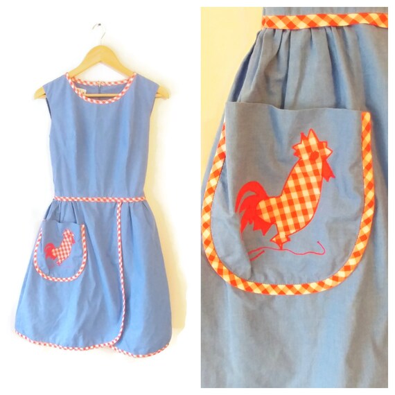 60s Rooster Dress Size Small Blue Gingham Red Pock