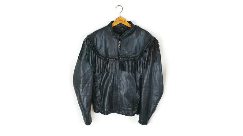 Vanguard Leather Biker Jacket Size 46 Xl Coat Fringe Black Image 0