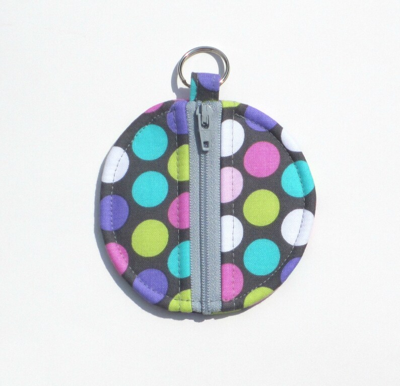 Purple Lime Green Diddly Dot Circle Zip Earbud Pouch Coin Purse Pink White Turquoise Polka Dots on Gray